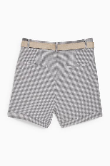 Damen - Shorts mit Gürtel - Mid Waist - kariert - weiß / grau