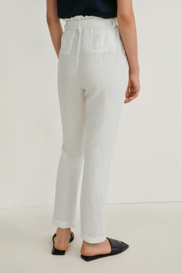 Dámské - Plátěné kalhoty - high waist - tapered fit - lněná směs - bílá