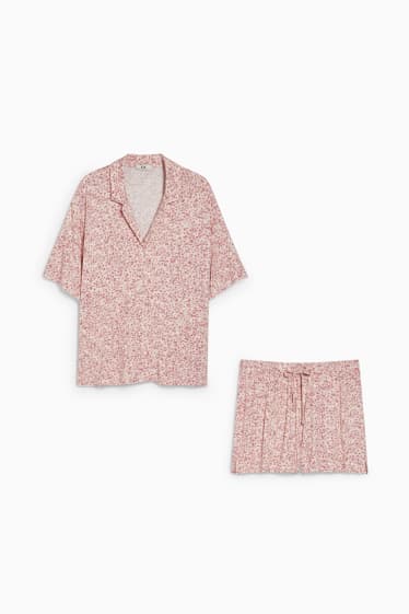 Dámské - Letní pyžamo - s květinovým vzorem - růžová