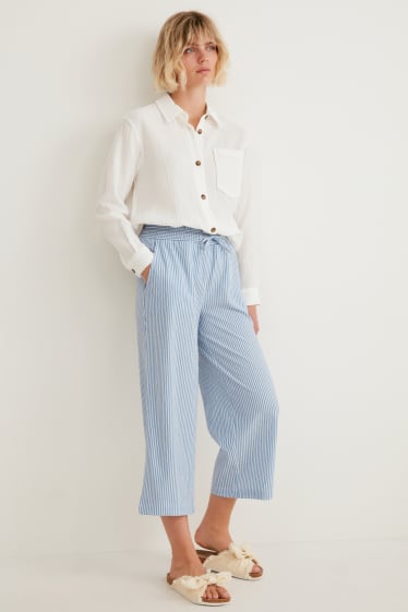 Dames - Pantalon - mid waist - wide leg - gestreept - wit / lichtblauw