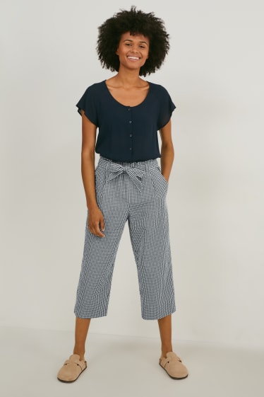 Femei - Pantaloni de stofă - talie medie - wide leg - în carouri - albastru închis / alb