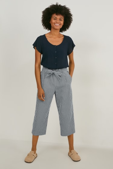 Femmes - Pantalon de toile - mid waist - jambe évasée - à carreaux - bleu foncé / blanc