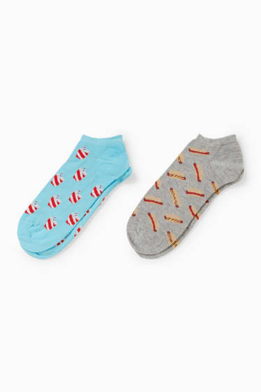 Men - Multipack of 2 - trainer socks with motif - Fast Food - LYCRA® - gray / turquoise