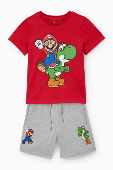 Dzieci - Super Mario - zestaw - koszulka z krótkim rękawem i szorty dresowe - 2 części - czerwony