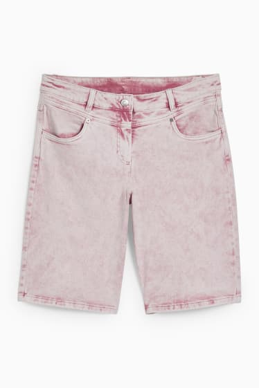 Dámské - Džínové bermudy - mid waist - růžová-žíhaná