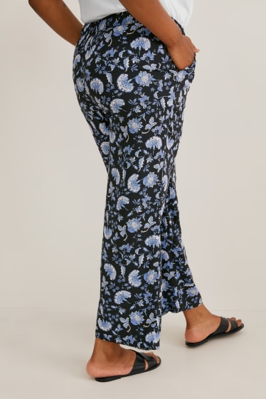 Dámské - Plátěné kalhoty - high waist - palazzo - s květinovým vzorem - černá