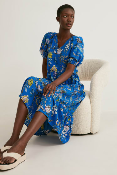 Femmes - Robe évasée - à fleurs - bleu