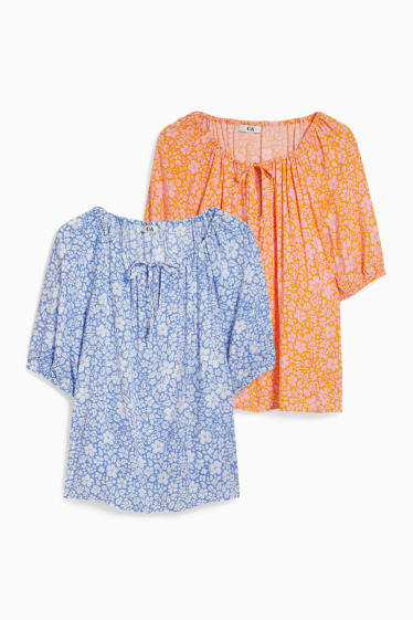 Dames - Set van 2 - blouse - gebloemd - oranje / donkerblauw