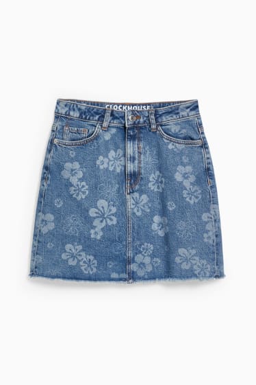 Kobiety - CLOCKHOUSE - spódnica dżinsowa - w kwiaty - dżins-niebieski