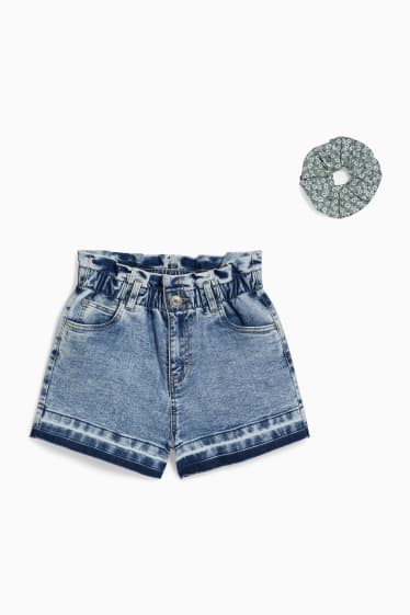 Kinderen - Set - korte spijkerbroek en scrunchie - jeanslichtblauw