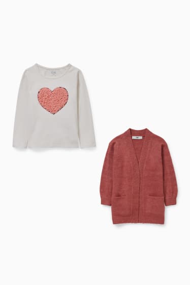 Dětské - Souprava - pletený kardigan a tričko s dlouhým rukávem - 2dílná - tmavě růžová