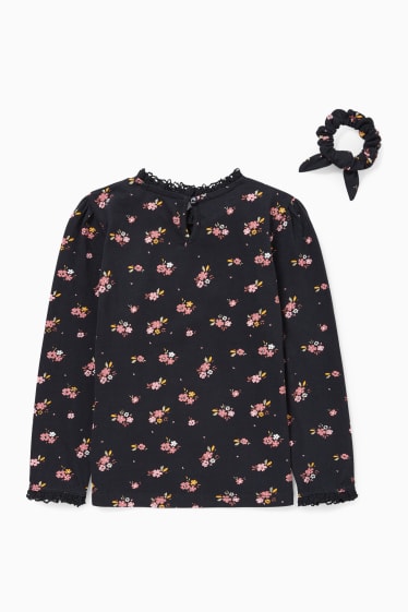 Niños - Set - camiseta de manga larga y coletero - 2 piezas - de flores - negro