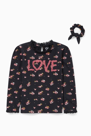 Dětské - Souprava - tričko s dlouhým rukávem a scrunchie gumička do vlasů - 2dílná - s květinovým vzorem - černá