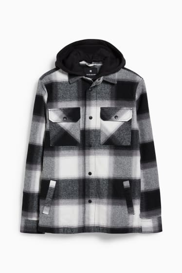 Uomo - CLOCKHOUSE - giacca a camicia con cappuccio- effetto 2 in 1 - a quadretti - nero / bianco