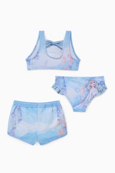 Dzieci - Kraina Lodu - zestaw - bikini i szorty kąpielowe - 3 części - jasnoniebieski