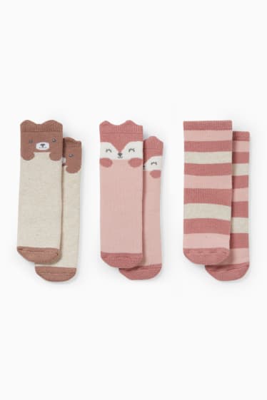 Babies - Multipack of 3 - animals - non-slip baby socks with motif - rose