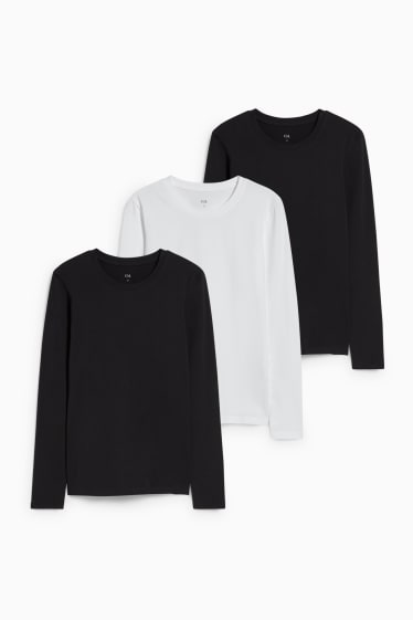 Damen - Multipack 3er - Basic-Langarmshirt - schwarz / weiß