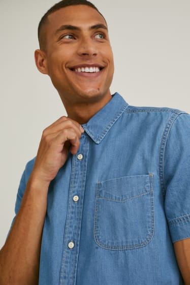Pánské - MUSTANG - džínová košile - slim fit - kent - džíny - světle modré