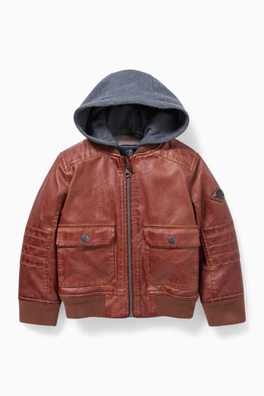 Kinder - Bikerjacke mit Kapuze - Lederimitat - braun