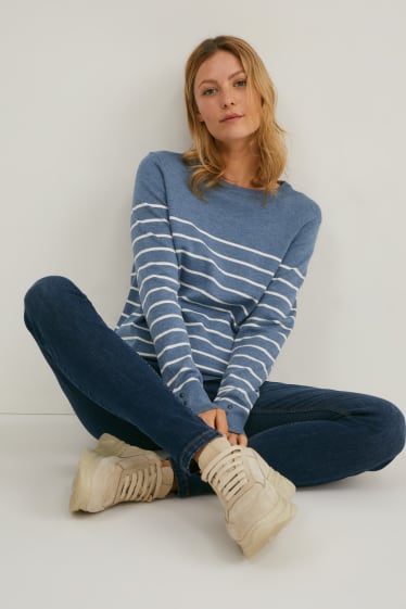 Femei - Pulover din tricot fin - cu dungi - albastru închis