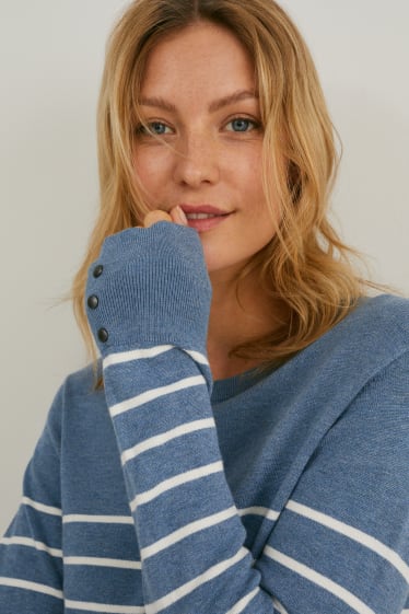 Femei - Pulover din tricot fin - cu dungi - albastru închis