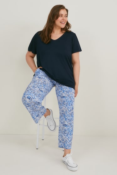 Femmes - Pantalon en toile - mid waist - jambe évasée - bleu foncé / blanc