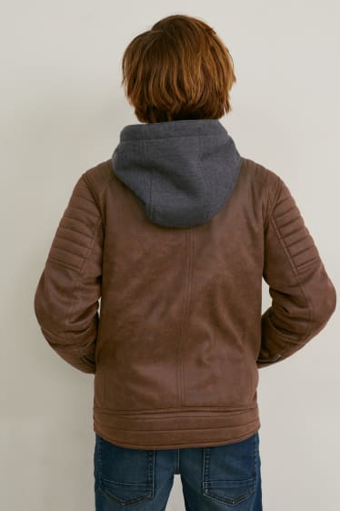 Enfants garçons - Blouson de motard avec capuche - similisuède - marron