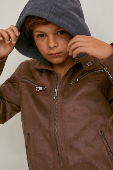 Enfants garçons - Blouson de motard avec capuche - similisuède - marron