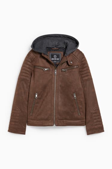 Enfants garçons - Blouson de motard avec capuche - similisuède - marron