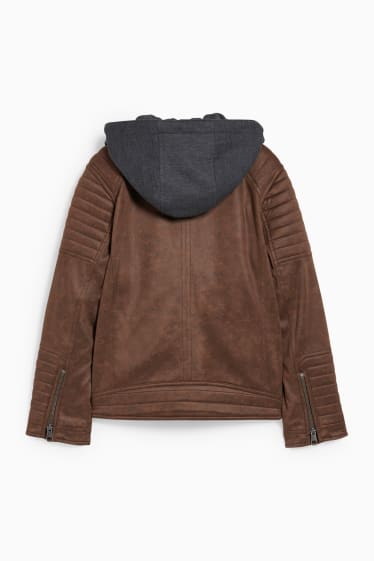 Enfants garçons - Blouson de motard avec capuche - similisuède - marron