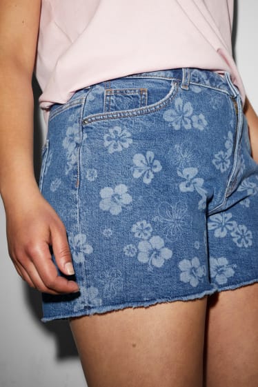 Donna - CLOCKHOUSE - shorts di jeans - vita alta - a fiori - jeans blu