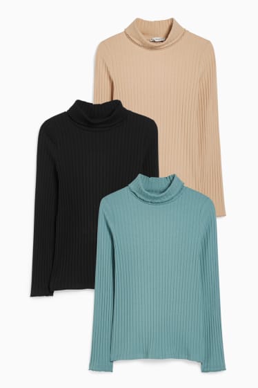 Kinder Mädchen - Multipack 3er - Rollkragenshirt - gerippt - beige