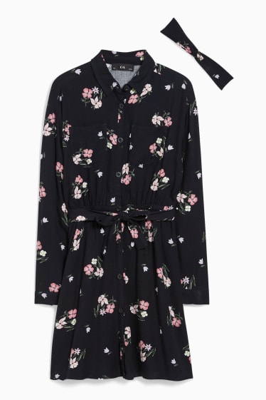 Bambine - Set - vestito e fascia per capelli - 2 pezzi - a fiori - nero