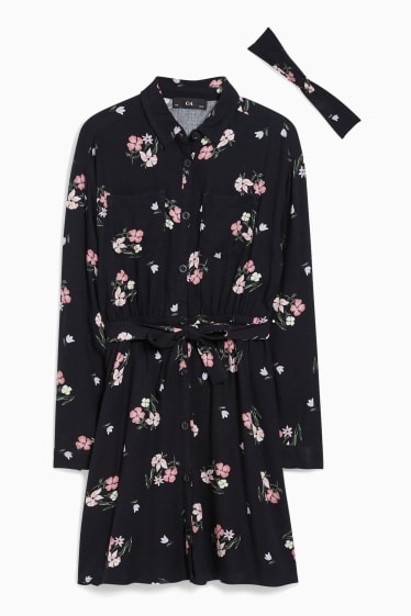 Enfants - Ensemble - robe et bandeau cheveux - 2 pièces - à fleurs - noir