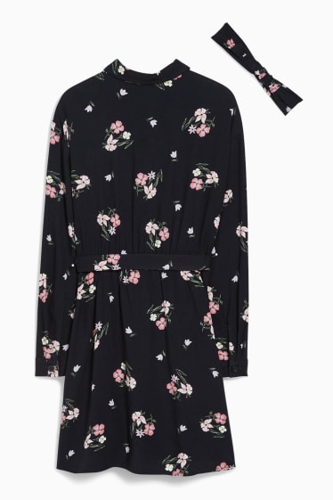 Enfants - Ensemble - robe et bandeau cheveux - 2 pièces - à fleurs - noir