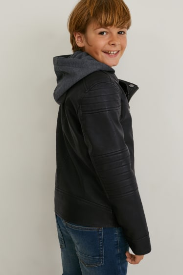 Bambini - Giacca stile motociclista con cappuccio - similpelle - nero