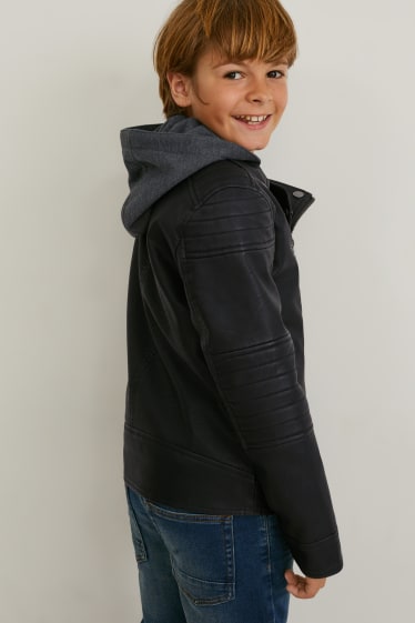 Kinder - Bikerjacke mit Kapuze - Lederimitat - schwarz