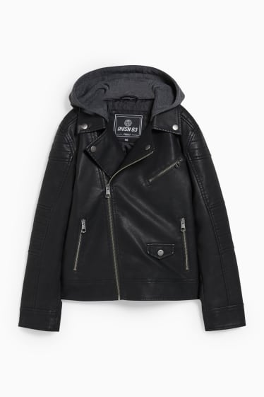 Bambini - Giacca stile motociclista con cappuccio - similpelle - nero