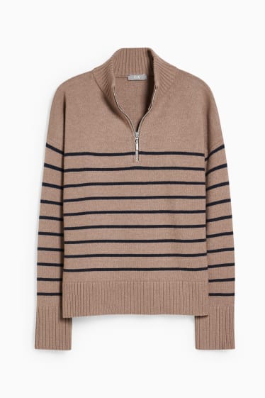 Women - Jumper - striped - brown / blue