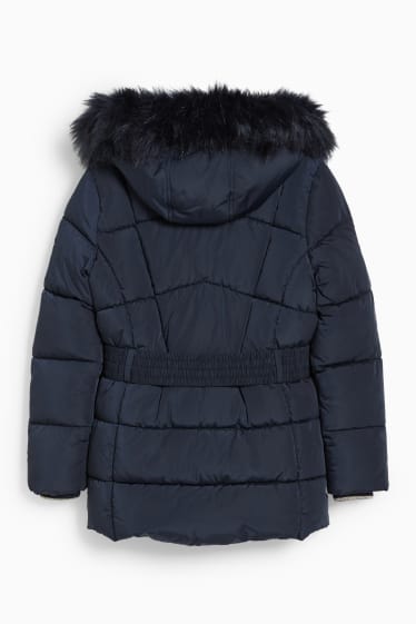 Kinderen - Gewatteerde jas met capuchon, rand van imitatiebont en riem  - donkerblauw