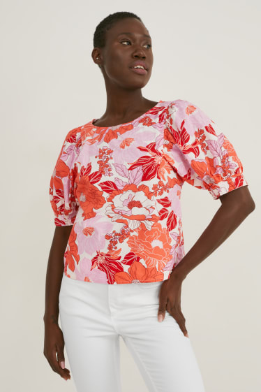 Femei - Bluză - cu flori - roz / portocaliu