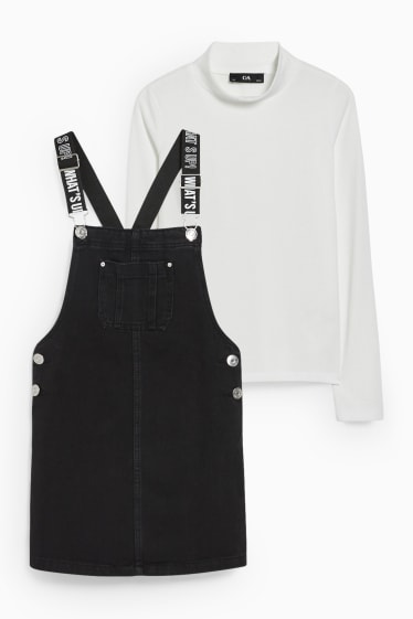 Children - Set - denim pinafore dress and polo neck top - 2 piece - black / white