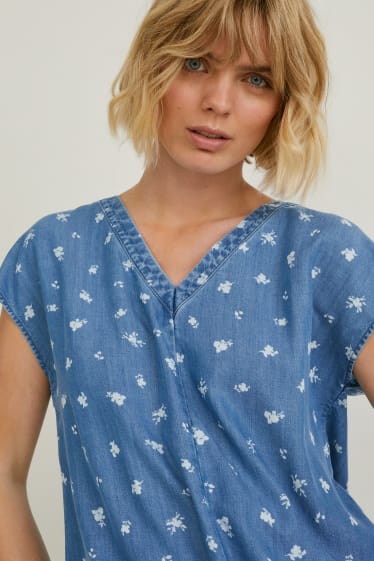 Mujer - Blusa con detalle de nudo - de flores - vaqueros - azul