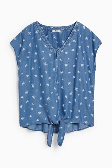 Damen - Bluse mit Knotendetail - geblümt - jeansblau