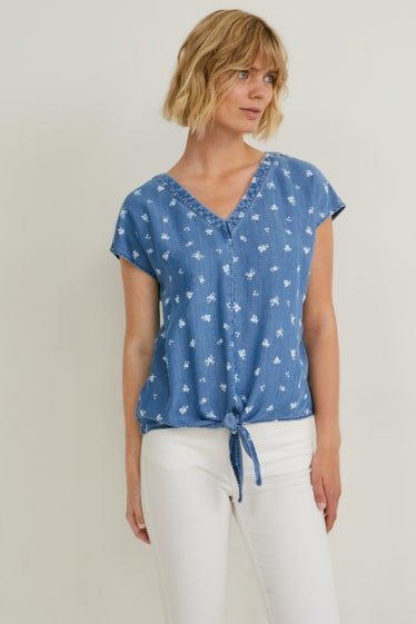 Mujer - Blusa con detalle de nudo - de flores - vaqueros - azul