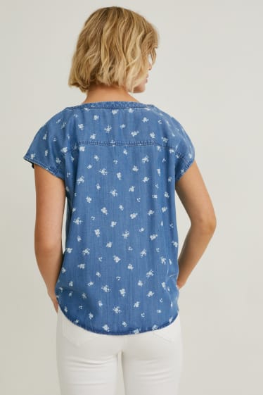 Mujer - Blusa con detalle de nudo - de flores - vaqueros - azul