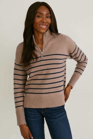 Women - Jumper - striped - brown / blue