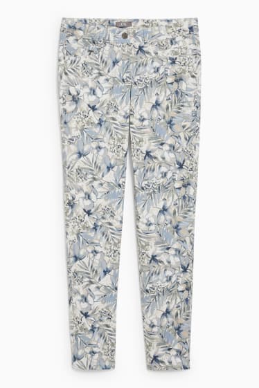 Donna - Pantaloni - vita media - slim fit - a fiori - bianco / grigio