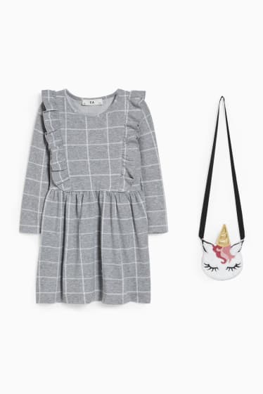 Dětské - Souprava - šaty a taška přes rameno - 2dílná - šedá-žíhaná