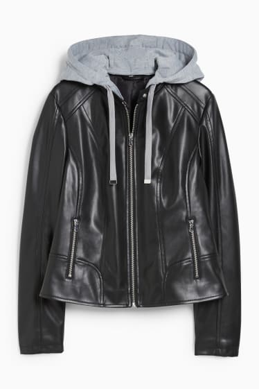 Damen - Bikerjacke mit Kapuze - Lederimitat - schwarz